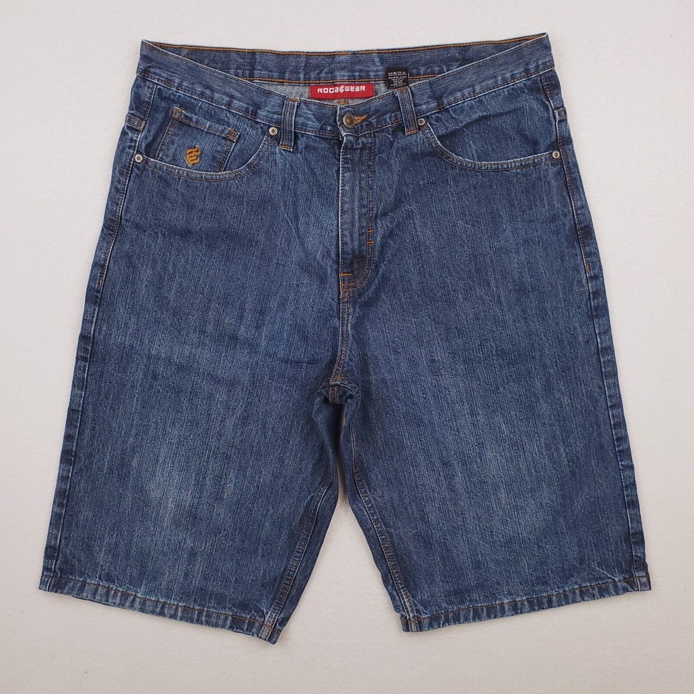 RocaWear Shorts Mens 38 Blue Denim Baggy Y2K Hip Hop Urban Streetwear 90s 14"